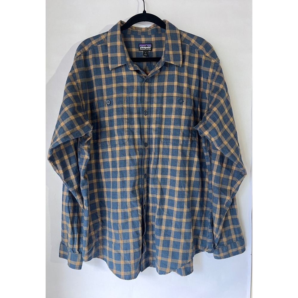 Patagonia Mens Fjord Flannel Shirt Blue Tan Organic Cotton Plaid 53837 Large